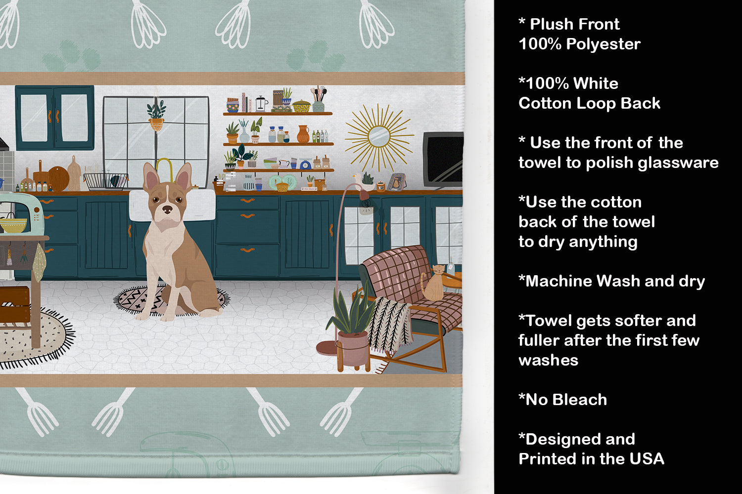 Fawn Boston Terrier in the Kitchen Kitchen Towel Velour Plush Front and Cotton Loop Back Machine Washable