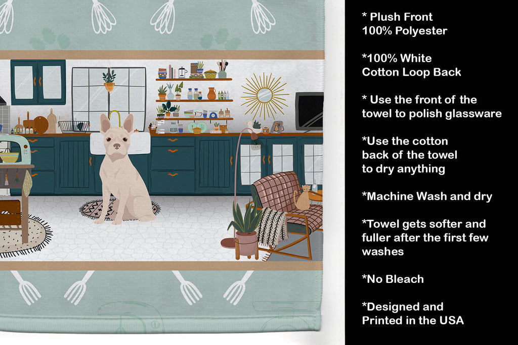 White Boston Terrier in the Kitchen Kitchen Towel Velour Plush Front and Cotton Loop Back Machine Washable