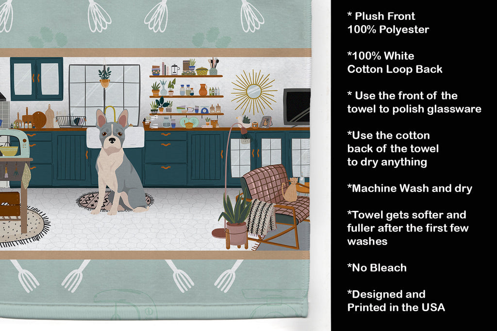 Blue Boston Terrier in the Kitchen Kitchen Towel Velour Plush Front and Cotton Loop Back Machine Washable