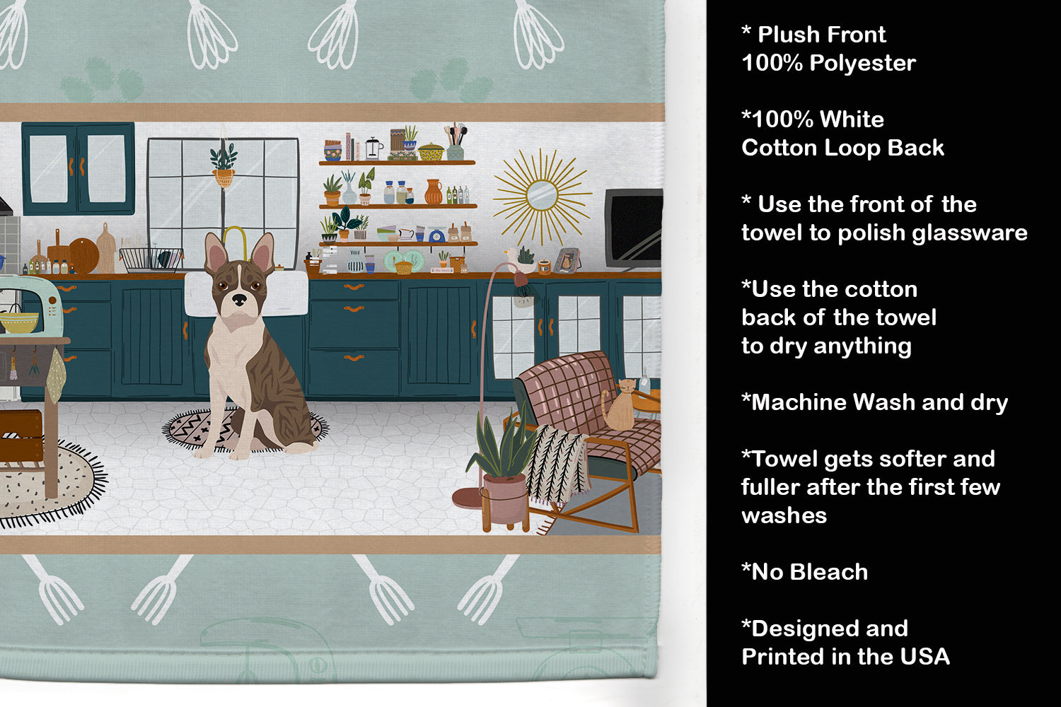 Brindle Boston Terrier in the Kitchen Kitchen Towel Velour Plush Front and Cotton Loop Back Machine Washable