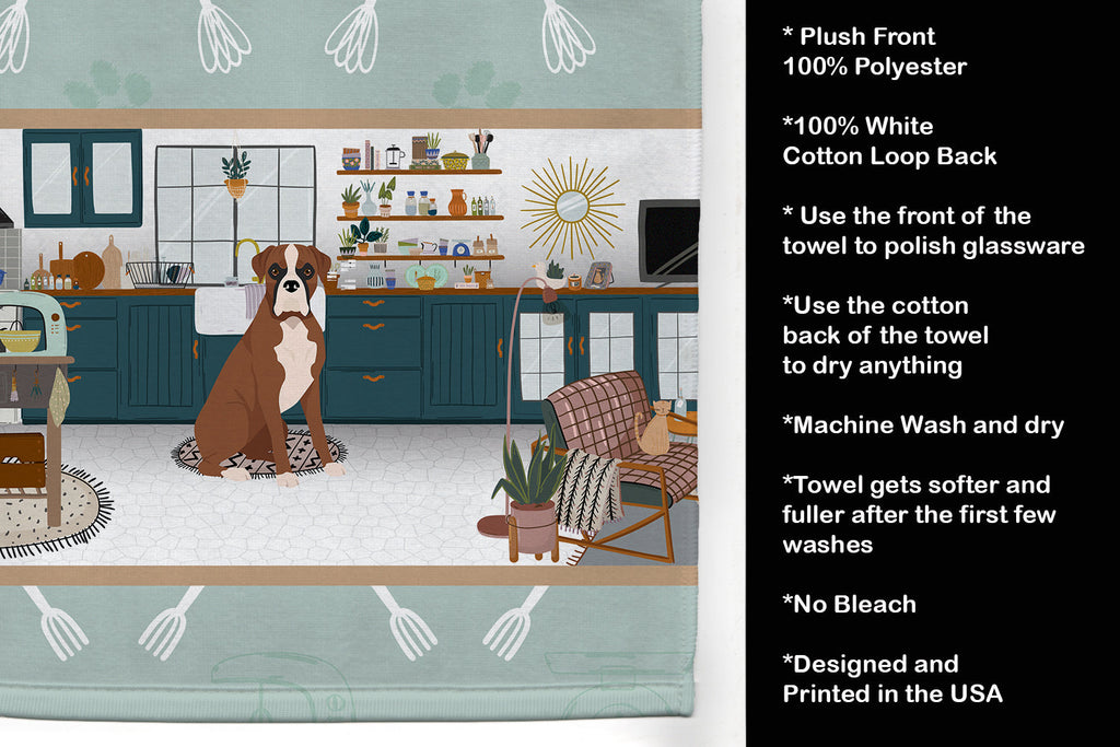 Natural Eared Red Fawn Boxer in the Kitchen Kitchen Towel Velour Plush Front and Cotton Loop Back Machine Washable