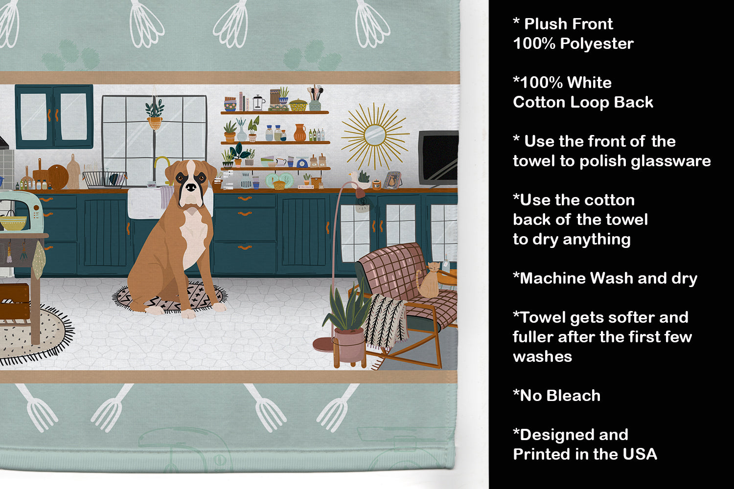 Natural Eared Fawn Boxer in the Kitchen Kitchen Towel Velour Plush Front and Cotton Loop Back Machine Washable