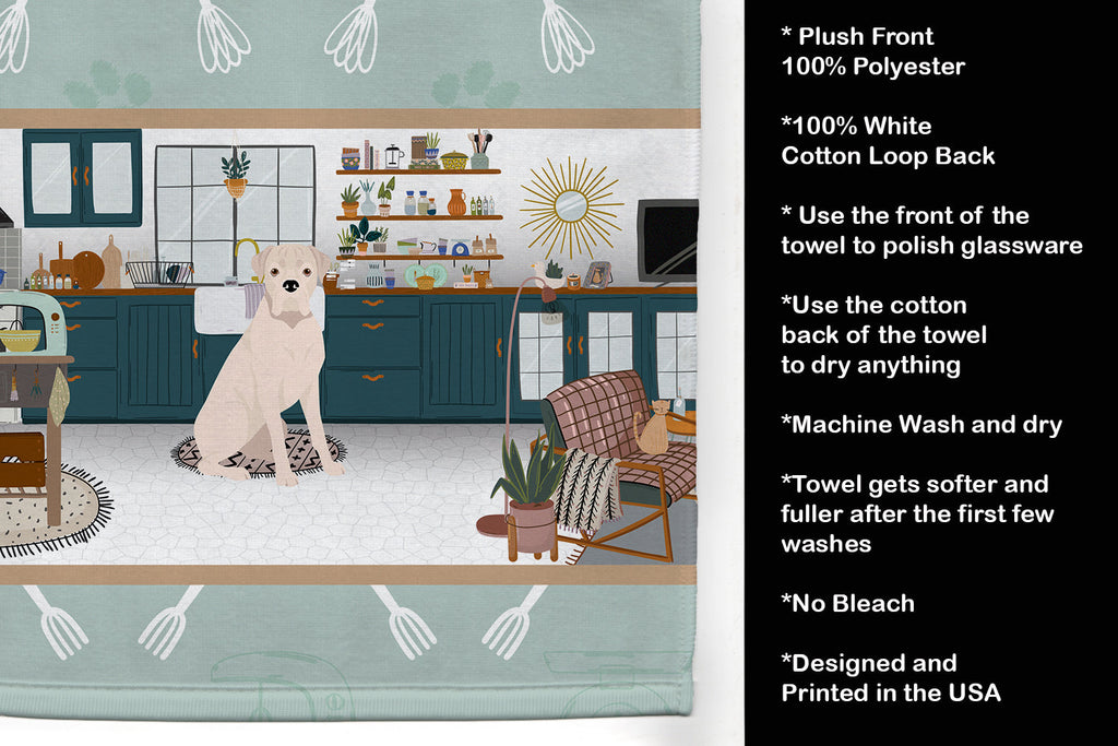 Natural Eared White Boxer in the Kitchen Kitchen Towel Velour Plush Front and Cotton Loop Back Machine Washable