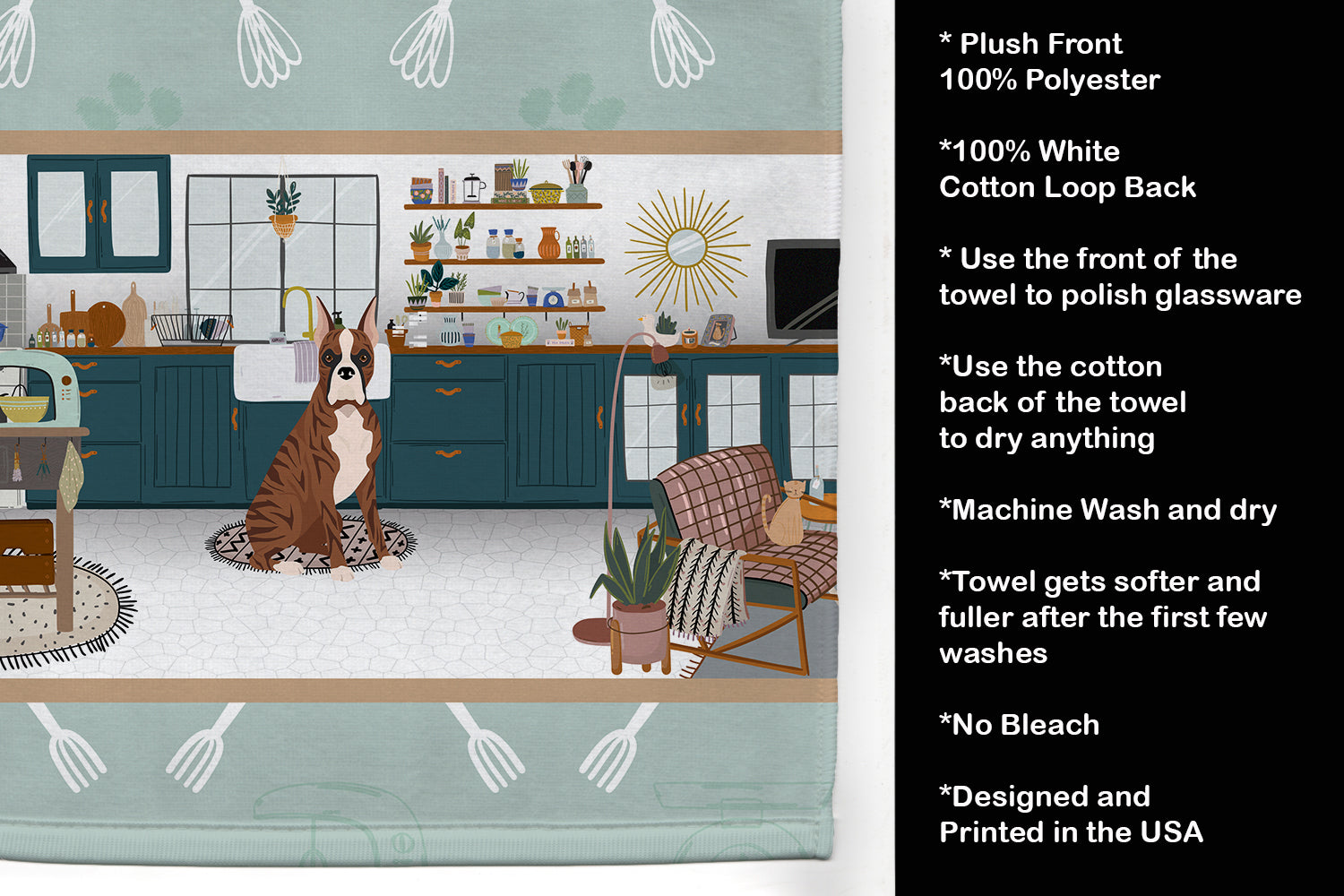 Red Brindle Boxer in the Kitchen Kitchen Towel Velour Plush Front and Cotton Loop Back Machine Washable