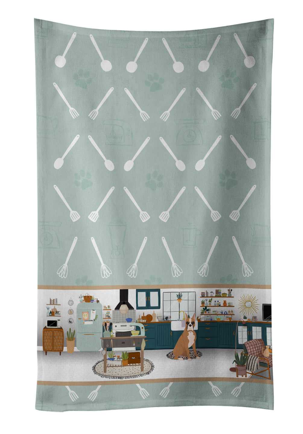 Fawn Boxer in the Kitchen Kitchen Towel Velour Plush Front and Cotton Loop Back Machine Washable
