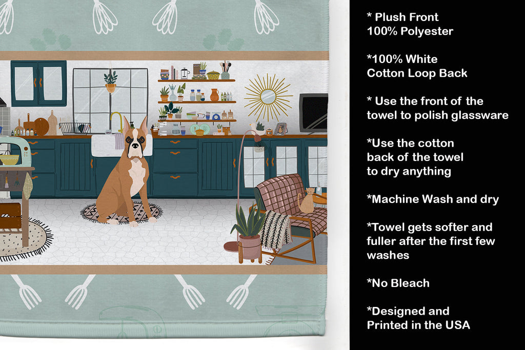 Fawn Boxer in the Kitchen Kitchen Towel Velour Plush Front and Cotton Loop Back Machine Washable
