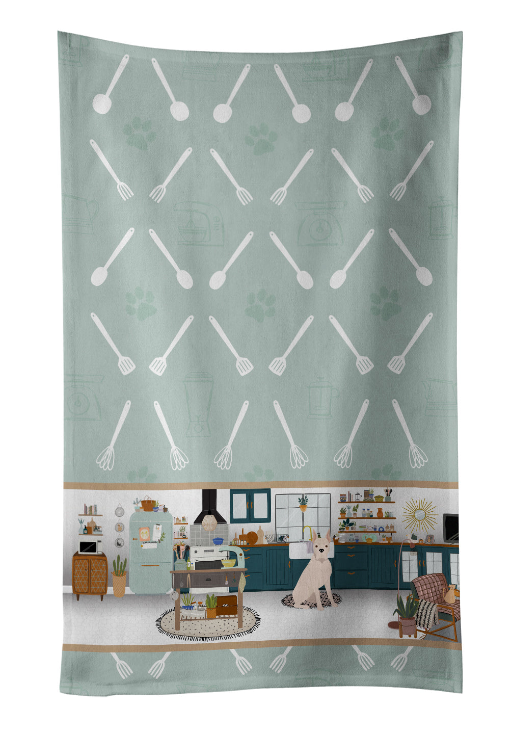 White Boxer in the Kitchen Kitchen Towel Velour Plush Front and Cotton Loop Back Machine Washable