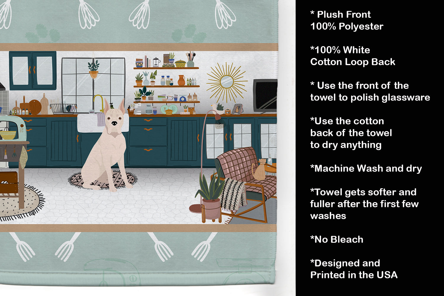 White Boxer in the Kitchen Kitchen Towel Velour Plush Front and Cotton Loop Back Machine Washable