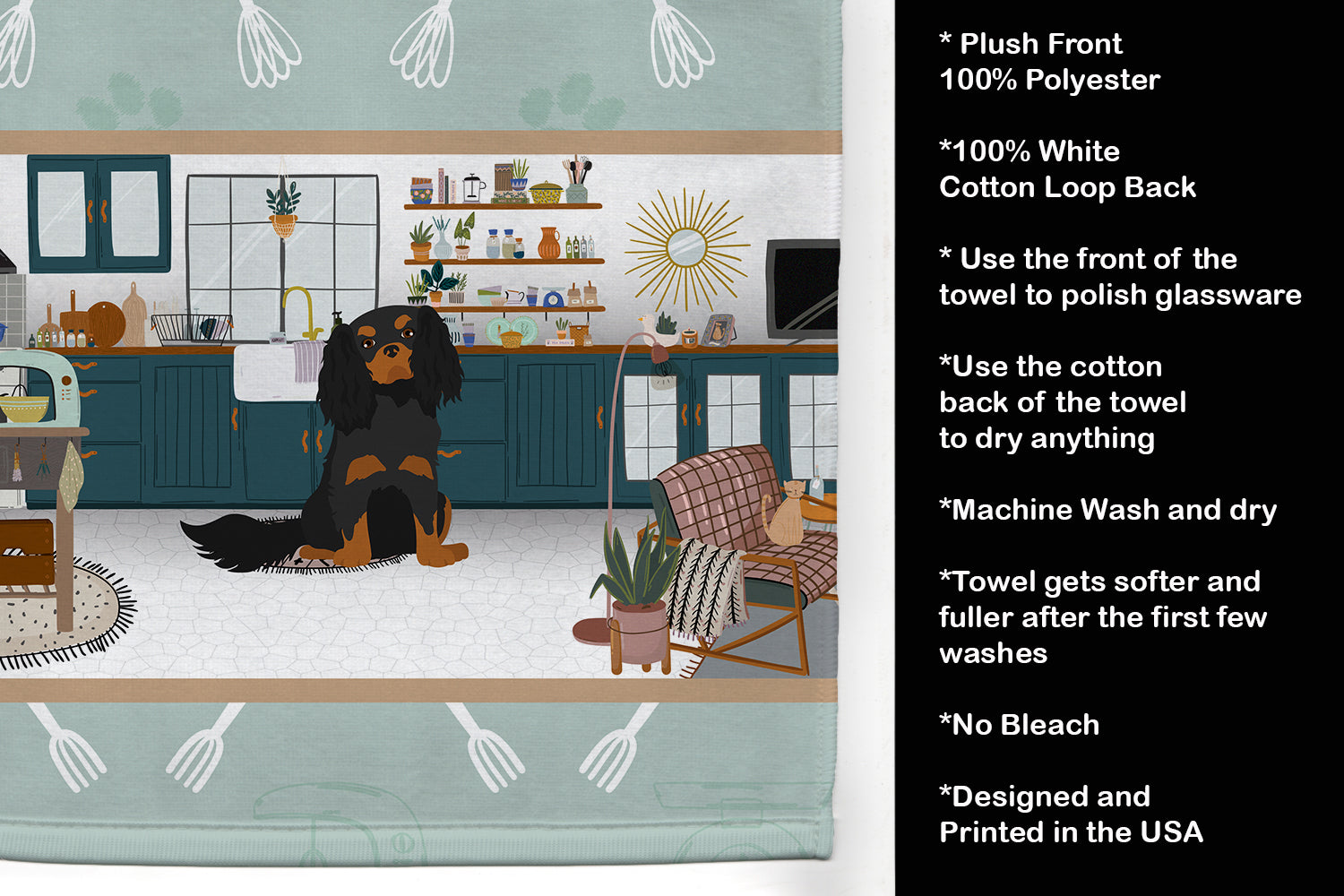 Black and Tan Cavalier Spaniel in the Kitchen Kitchen Towel Velour Plush Front and Cotton Loop Back Machine Washable