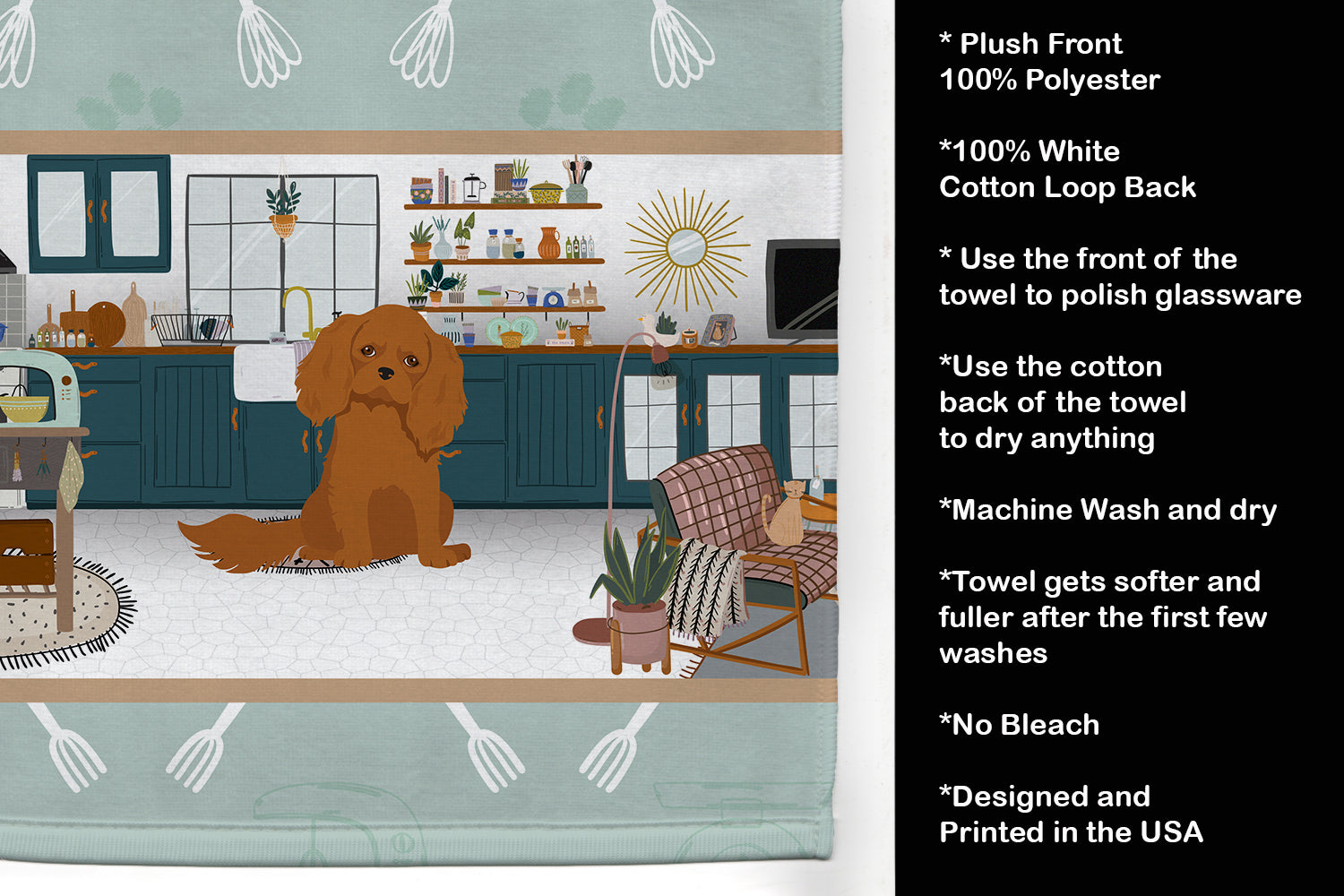 Ruby Cavalier Spaniel in the Kitchen Kitchen Towel Velour Plush Front and Cotton Loop Back Machine Washable