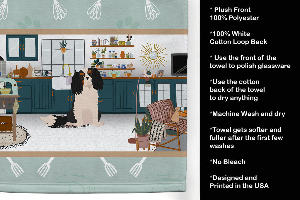 Tricolor Cavalier Spaniel in the Kitchen Kitchen Towel Velour Plush Front and Cotton Loop Back Machine Washable