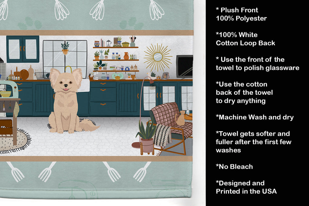 Longhaired Cream Chihuahua in the Kitchen Kitchen Towel Velour Plush Front and Cotton Loop Back Machine Washable