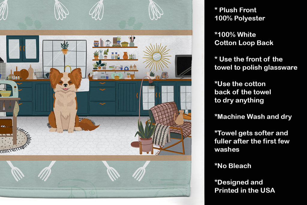 Longhaired Red and White Chihuahua in the Kitchen Kitchen Towel Velour Plush Front and Cotton Loop Back Machine Washable