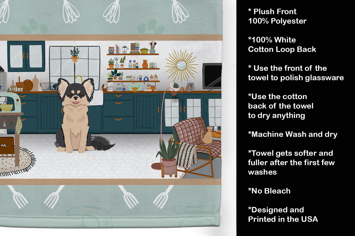 Longhaired Black and White Chihuahua in the Kitchen Kitchen Towel Velour Plush Front and Cotton Loop Back Machine Washable