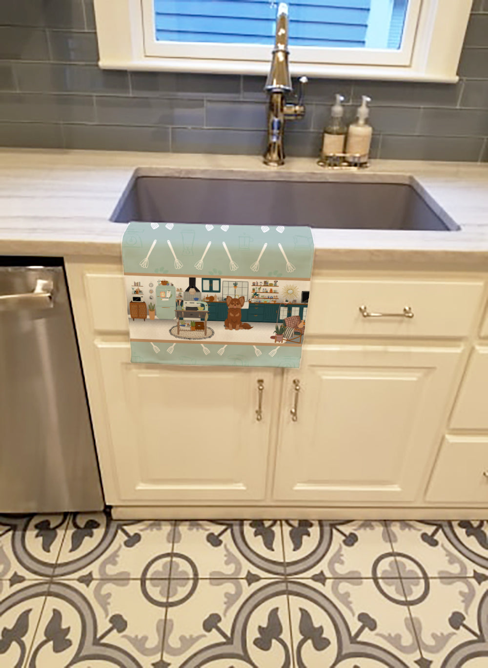Longhaired Chocolate and Tan Chihuahua in the Kitchen Kitchen Towel Velour Plush Front and Cotton Loop Back Machine Washable