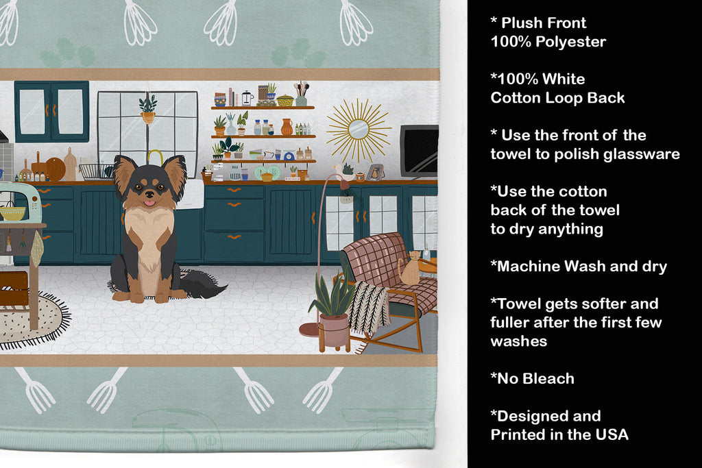 Longhaired Black and Tan Chihuahua in the Kitchen Kitchen Towel Velour Plush Front and Cotton Loop Back Machine Washable