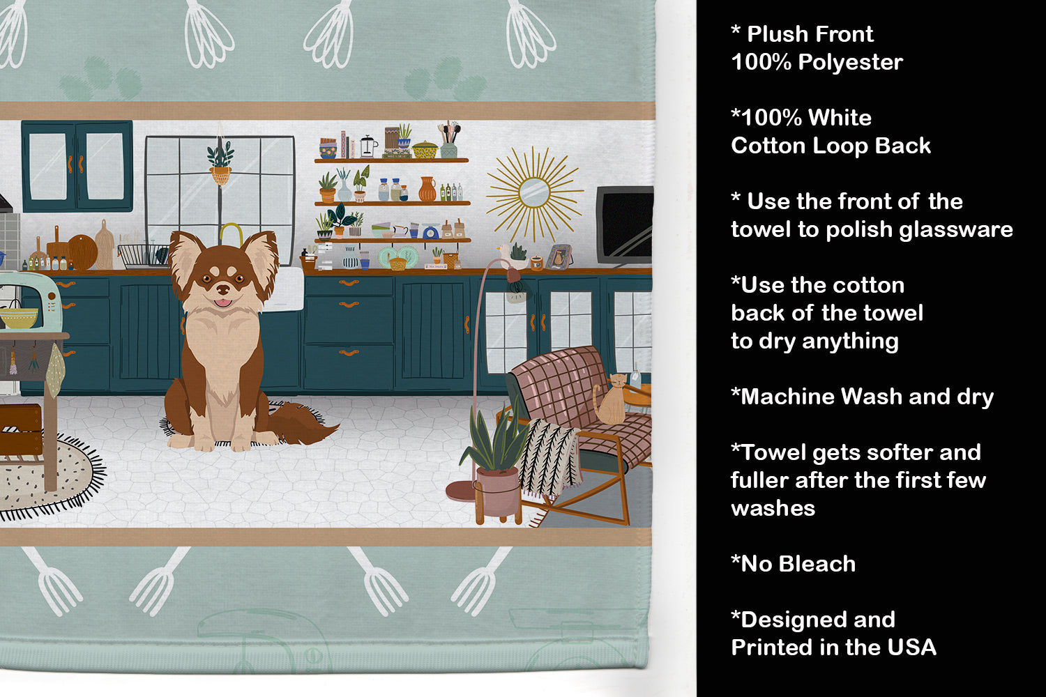 Longhaired Chocolate and White Chihuahua in the Kitchen Kitchen Towel Velour Plush Front and Cotton Loop Back Machine Washable