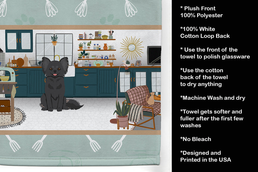 Longhaired Black Chihuahua in the Kitchen Kitchen Towel Velour Plush Front and Cotton Loop Back Machine Washable
