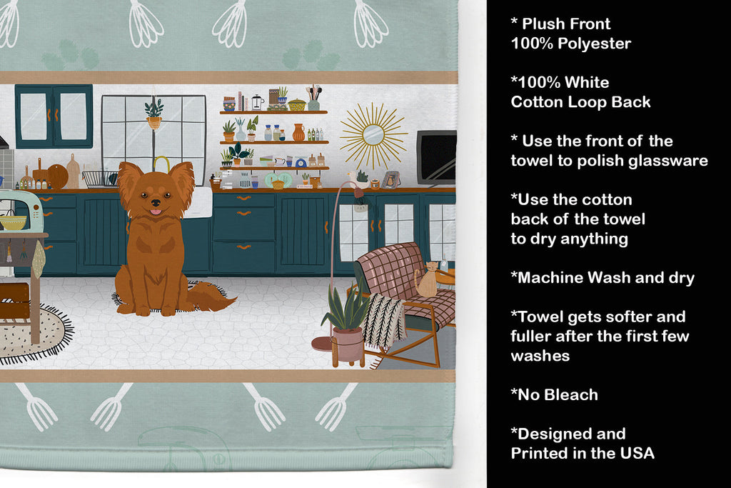 Longhaired Red Chihuahua in the Kitchen Kitchen Towel Velour Plush Front and Cotton Loop Back Machine Washable