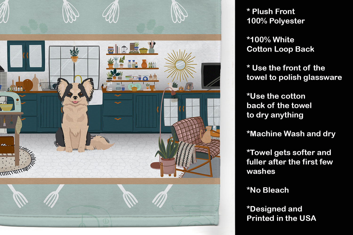 Longhaired Black and White #2 Chihuahua in the Kitchen Kitchen Towel Velour Plush Front and Cotton Loop Back Machine Washable