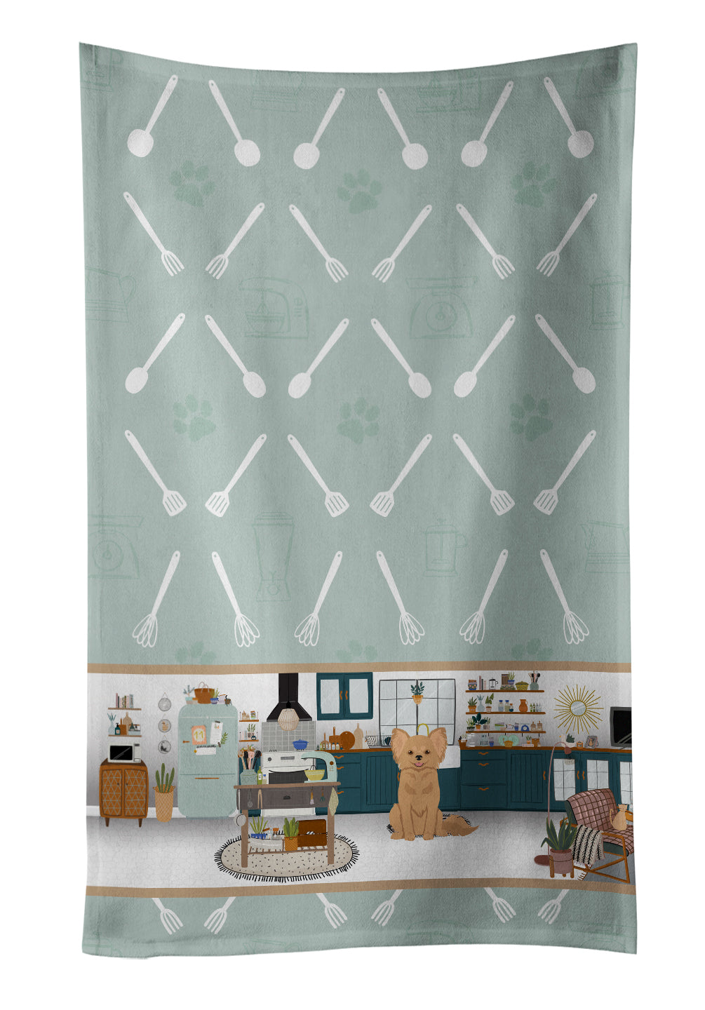 Longhaired Gold Chihuahua in the Kitchen Kitchen Towel Velour Plush Front and Cotton Loop Back Machine Washable
