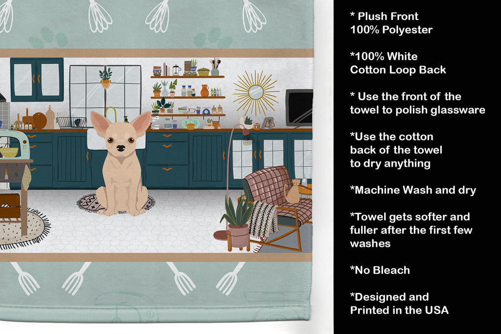 Fawn Chihuahua in the Kitchen Kitchen Towel Velour Plush Front and Cotton Loop Back Machine Washable