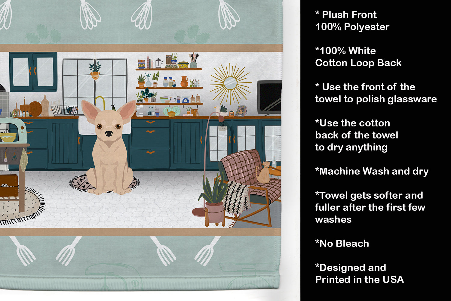 Fawn Chihuahua in the Kitchen Kitchen Towel Velour Plush Front and Cotton Loop Back Machine Washable