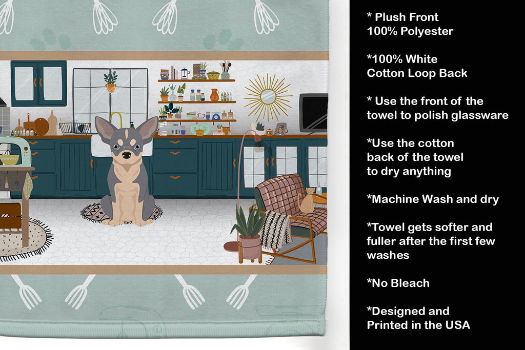 Blue and White Chihuahua in the Kitchen Kitchen Towel Velour Plush Front and Cotton Loop Back Machine Washable