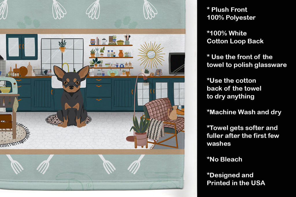Black and Tan Chihuahua in the Kitchen Kitchen Towel Velour Plush Front and Cotton Loop Back Machine Washable