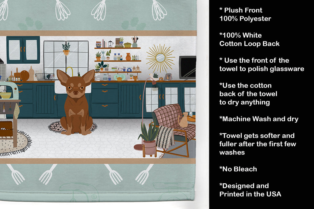 Chocolate and Tan Chihuahua in the Kitchen Kitchen Towel Velour Plush Front and Cotton Loop Back Machine Washable