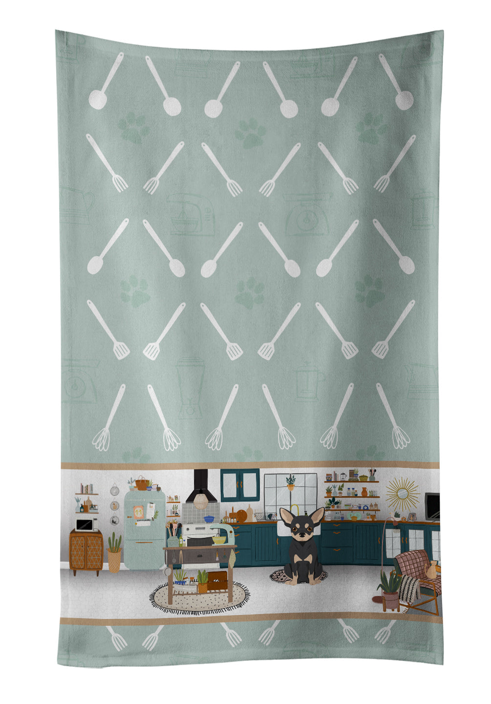 Black and Cream Chihuahua in the Kitchen Kitchen Towel Velour Plush Front and Cotton Loop Back Machine Washable