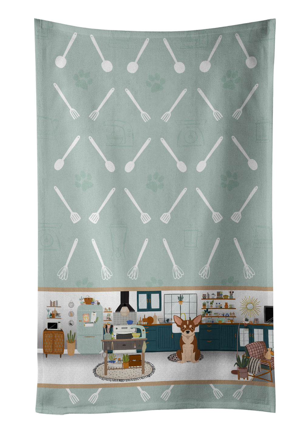 Red and White Chihuahua in the Kitchen Kitchen Towel Velour Plush Front and Cotton Loop Back Machine Washable