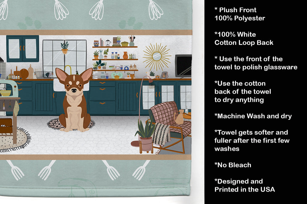 Red and White Chihuahua in the Kitchen Kitchen Towel Velour Plush Front and Cotton Loop Back Machine Washable