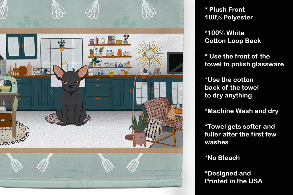 Black Chihuahua in the Kitchen Kitchen Towel Velour Plush Front and Cotton Loop Back Machine Washable