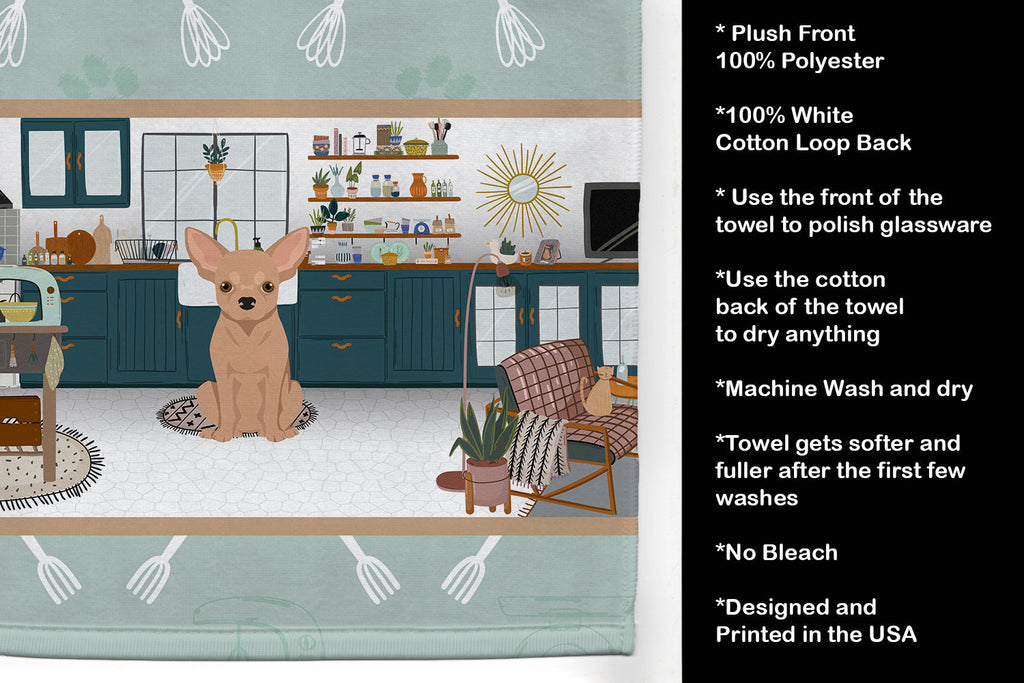 Cream Chihuahua in the Kitchen Kitchen Towel Velour Plush Front and Cotton Loop Back Machine Washable