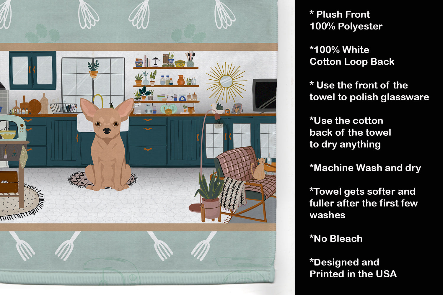 Cream Chihuahua in the Kitchen Kitchen Towel Velour Plush Front and Cotton Loop Back Machine Washable