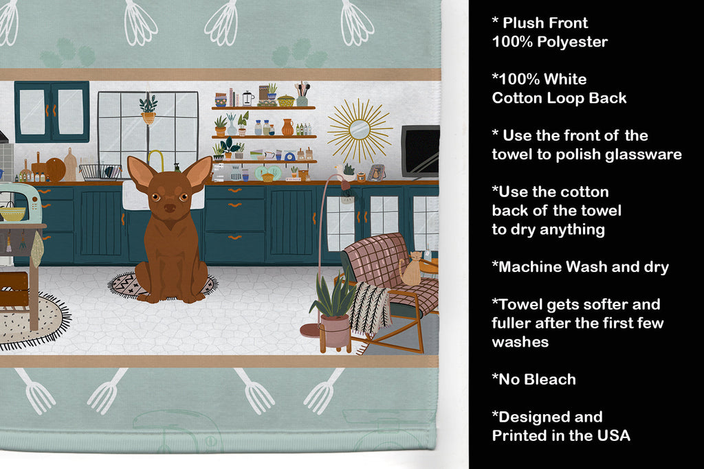 Chocolate Chihuahua in the Kitchen Kitchen Towel Velour Plush Front and Cotton Loop Back Machine Washable