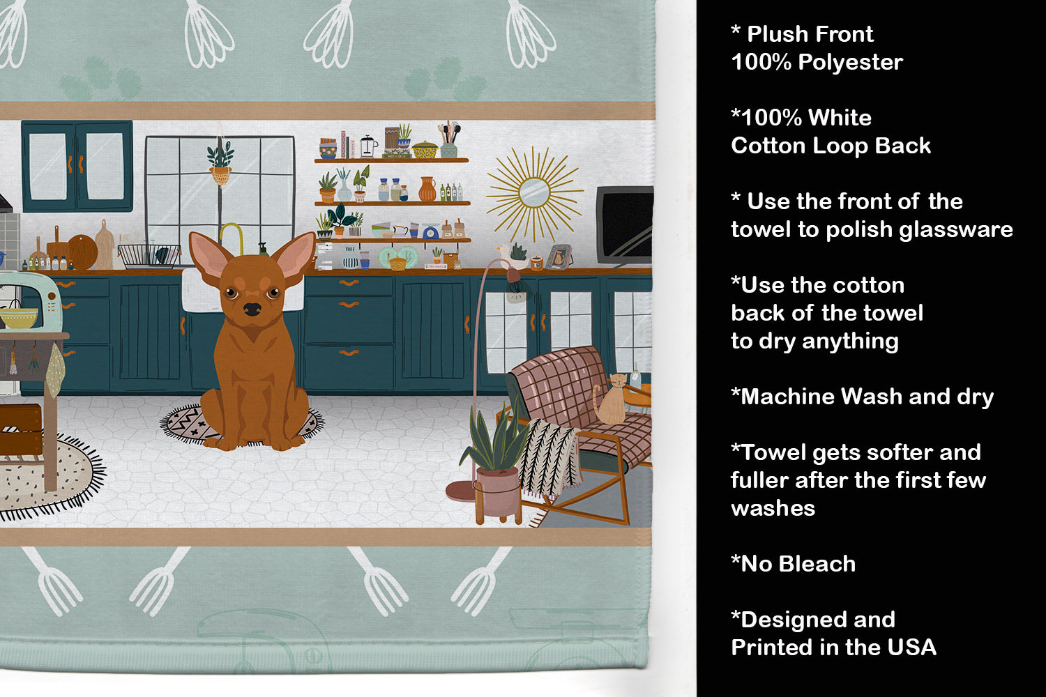 Red Chihuahua in the Kitchen Kitchen Towel Velour Plush Front and Cotton Loop Back Machine Washable