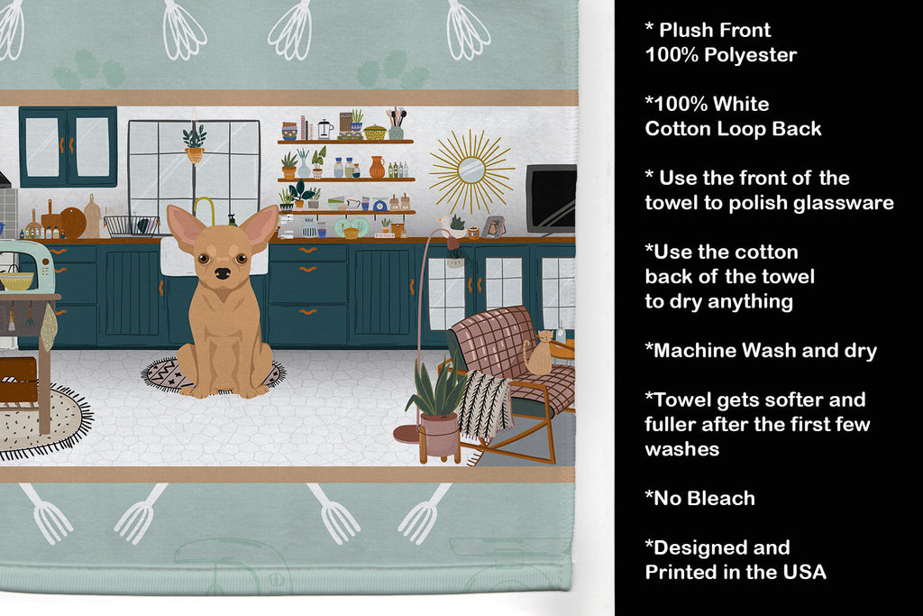 Gold Chihuahua in the Kitchen Kitchen Towel Velour Plush Front and Cotton Loop Back Machine Washable