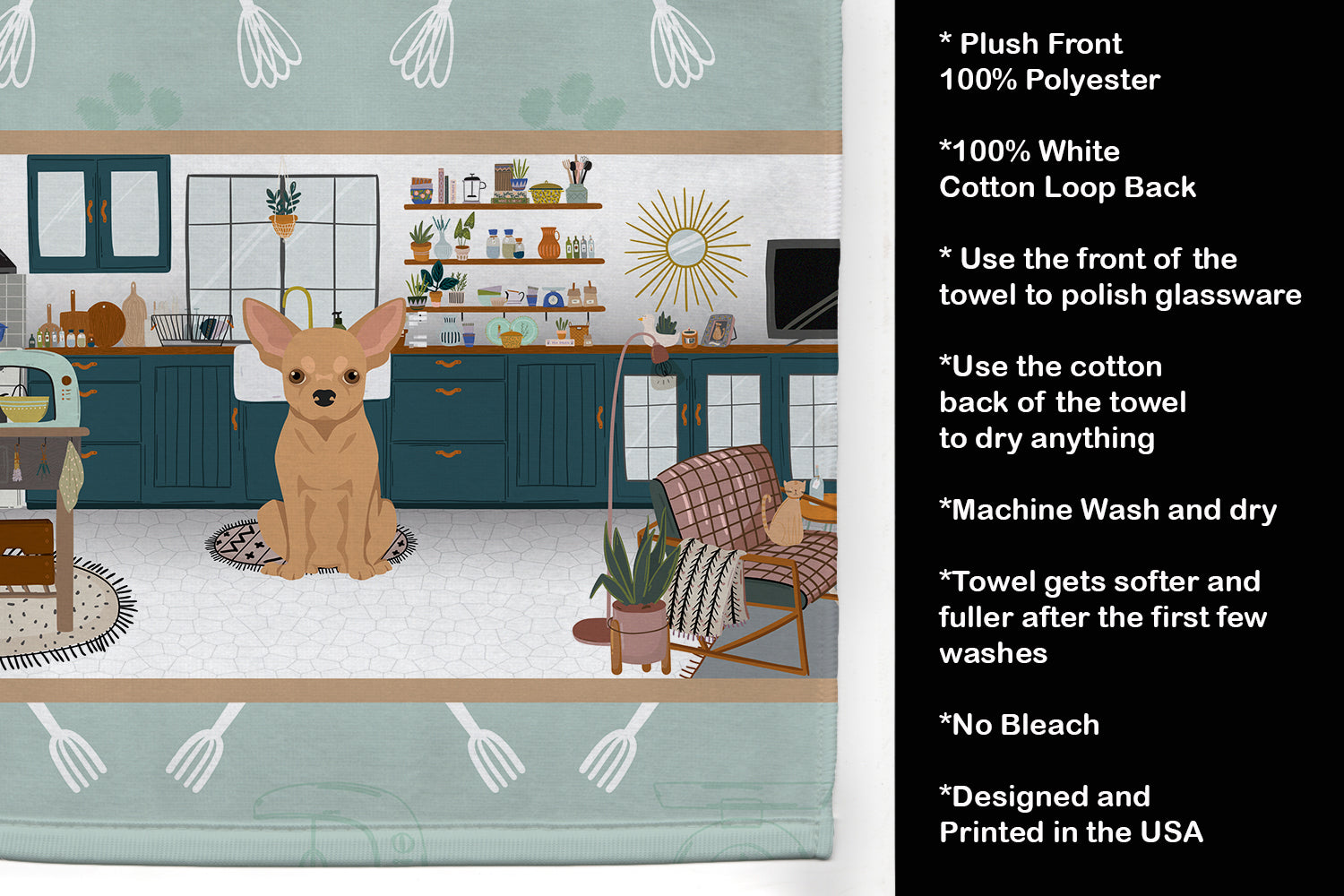 Gold Chihuahua in the Kitchen Kitchen Towel Velour Plush Front and Cotton Loop Back Machine Washable