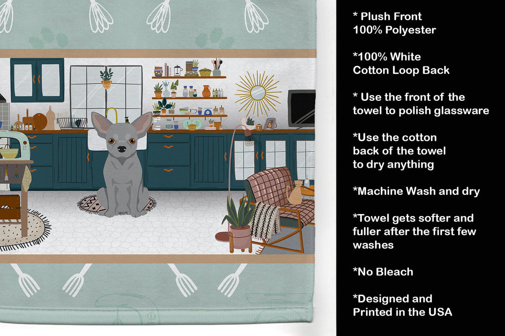 Silver Chihuahua in the Kitchen Kitchen Towel Velour Plush Front and Cotton Loop Back Machine Washable
