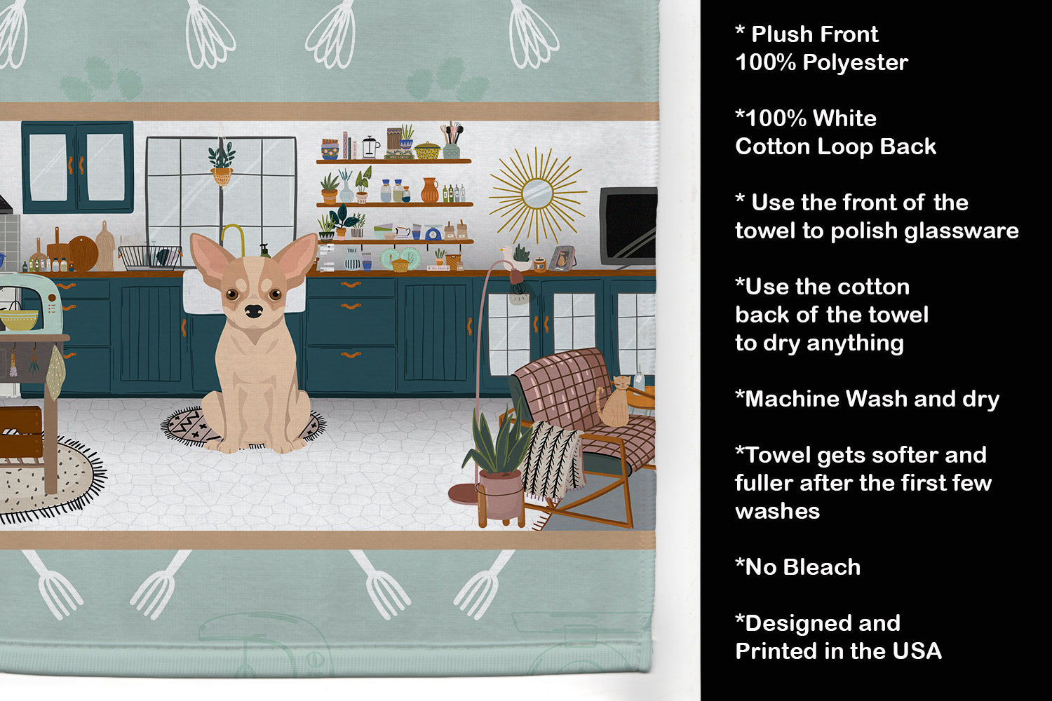 Fawn and White Chihuahua in the Kitchen Kitchen Towel Velour Plush Front and Cotton Loop Back Machine Washable