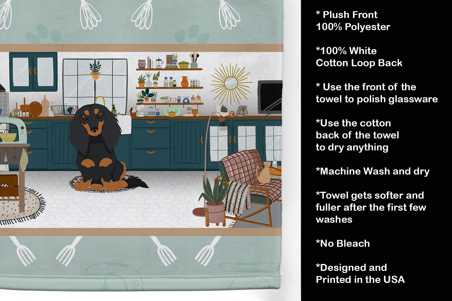 Longhair Black and Tan Dachshund in the Kitchen Kitchen Towel Velour Plush Front and Cotton Loop Back Machine Washable