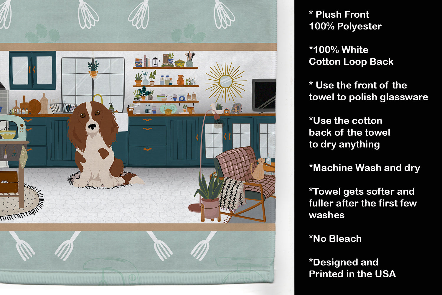 Longhair Red Pedbald Dachshund in the Kitchen Kitchen Towel Velour Plush Front and Cotton Loop Back Machine Washable