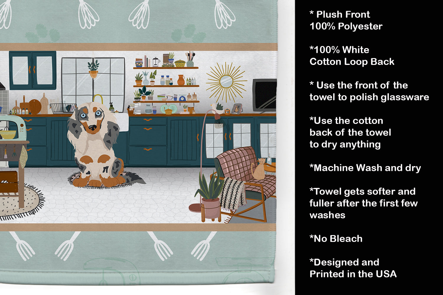 Longhair Cream Dapple Dachshund in the Kitchen Kitchen Towel Velour Plush Front and Cotton Loop Back Machine Washable