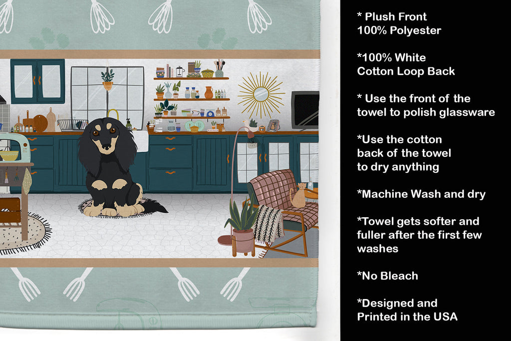 Longhair Black and Cream Dachshund in the Kitchen Kitchen Towel Velour Plush Front and Cotton Loop Back Machine Washable