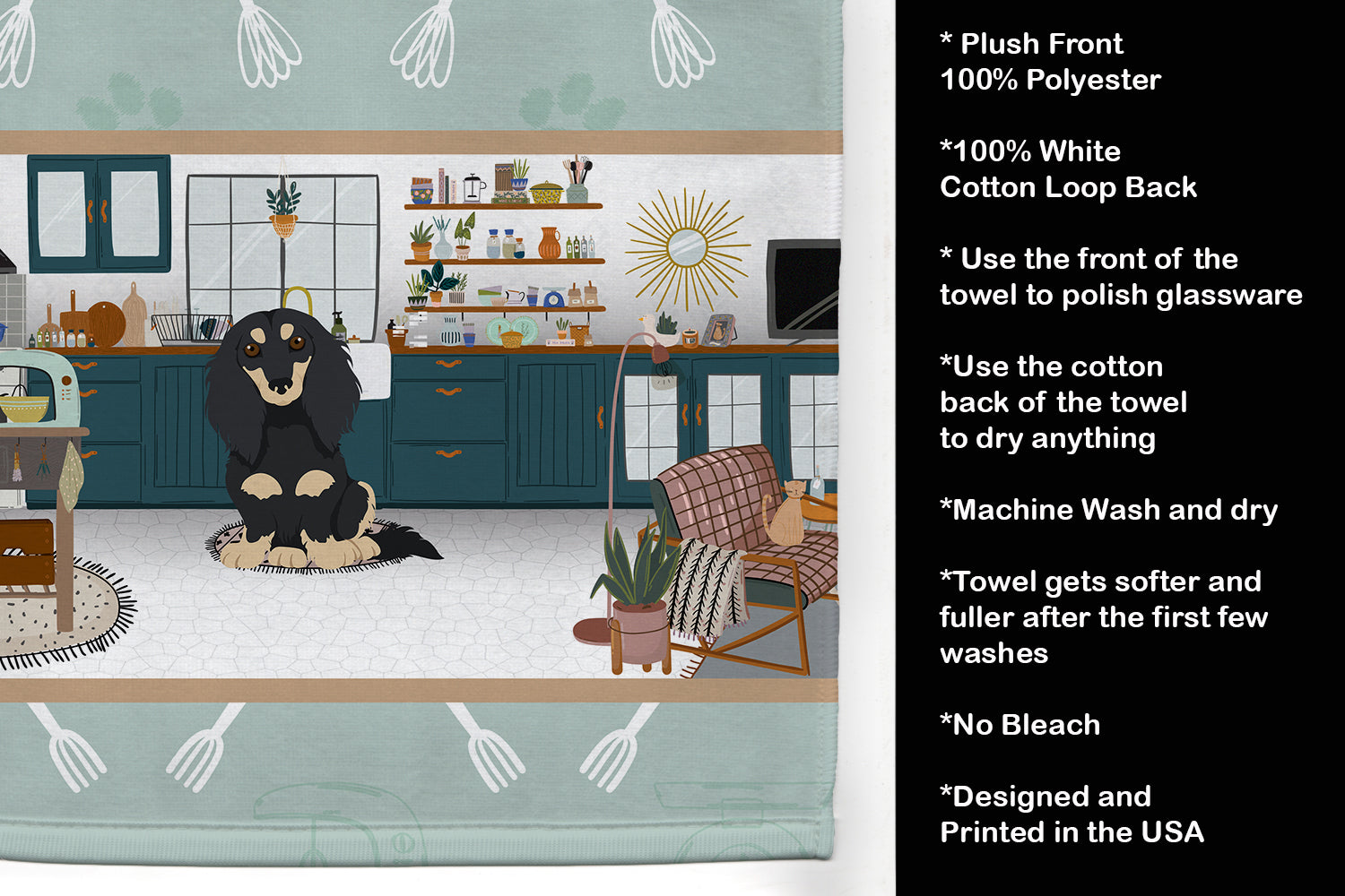 Longhair Black and Cream Dachshund in the Kitchen Kitchen Towel Velour Plush Front and Cotton Loop Back Machine Washable