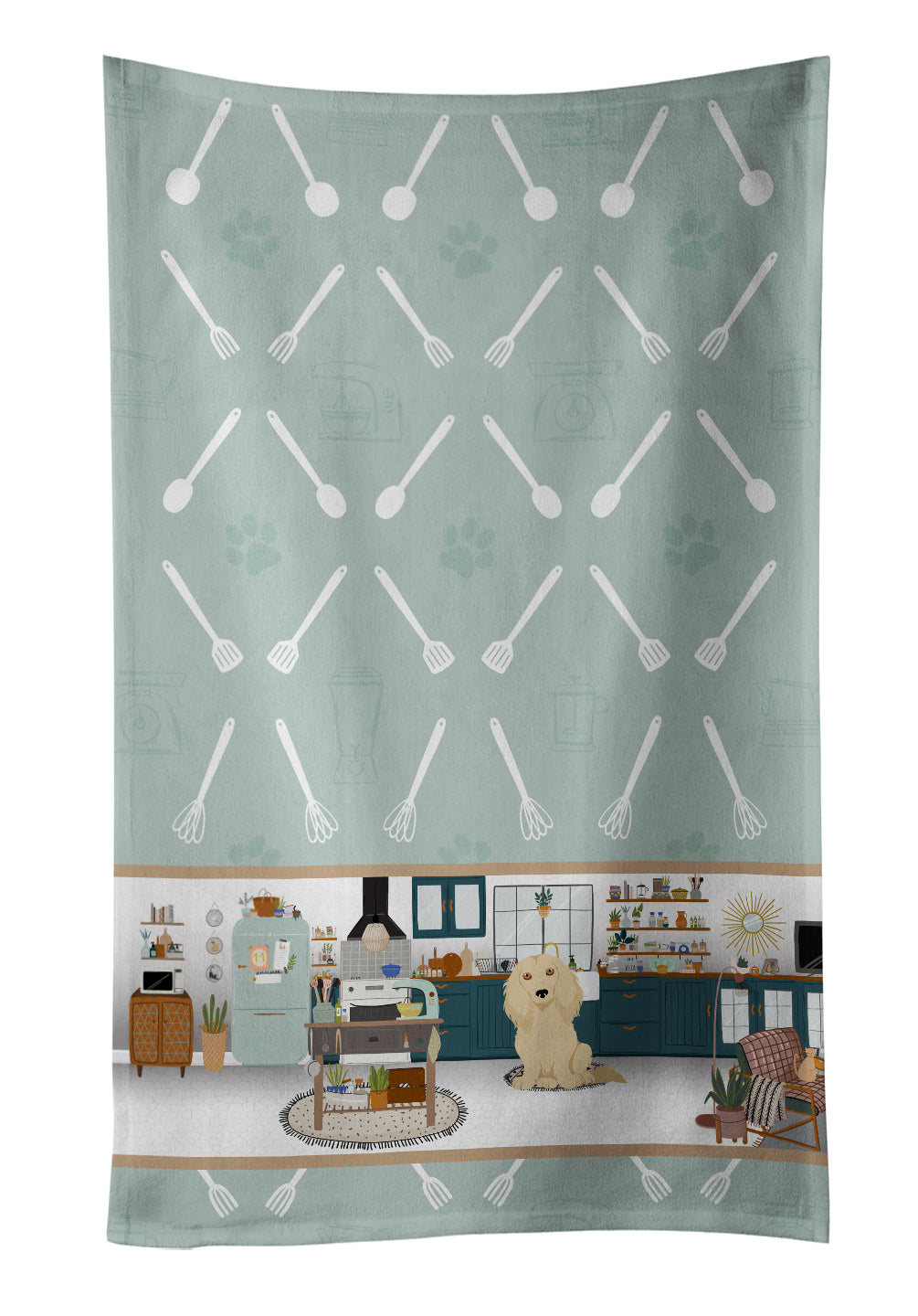 Longhair Cream Dachshund in the Kitchen Kitchen Towel Velour Plush Front and Cotton Loop Back Machine Washable