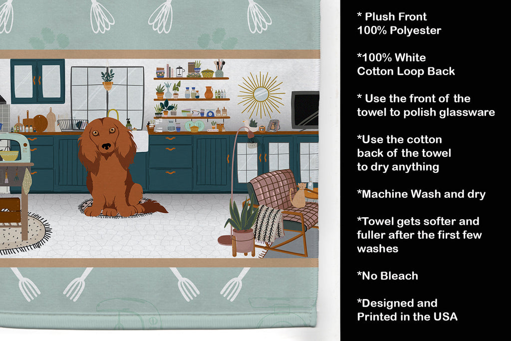 Longhair Red Dachshund in the Kitchen Kitchen Towel Velour Plush Front and Cotton Loop Back Machine Washable