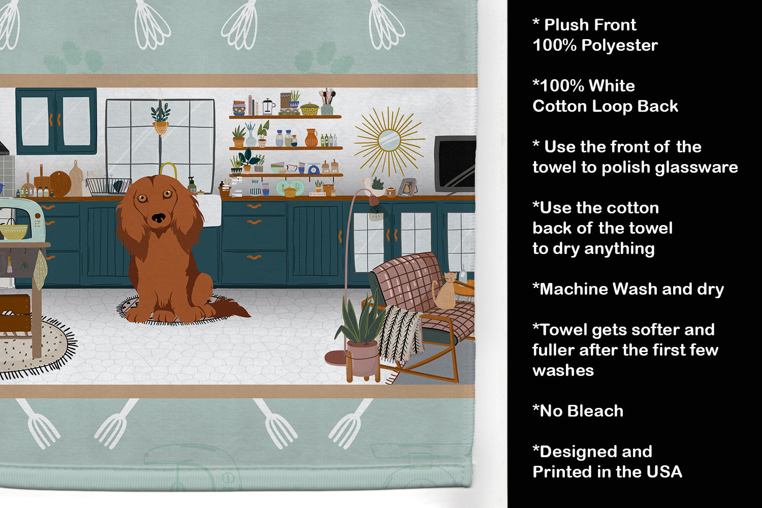 Longhair Red Dachshund in the Kitchen Kitchen Towel Velour Plush Front and Cotton Loop Back Machine Washable